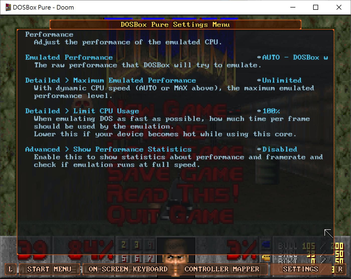 Performance（效能）頁面可以設定模擬系統的處理器運作模式與參數，基本上不需調整，使用預設值就可以。如果遇到遊戲執行速度太快，則可嘗試調整Limit CPU Usage限制處理器的運作速度。