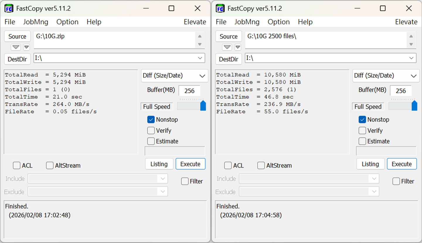 透過 FastCopy 進行檔案傳輸測試，從桌機的 SSD 將檔案傳輸至 IronWolf Pro 32TB，並以 10G 大小的單檔（圖左）與多檔（圖右）進行兩次實測，分別獲得平均 264.0 MB/s 與 236.9 MB/s 的傳輸速度成績。