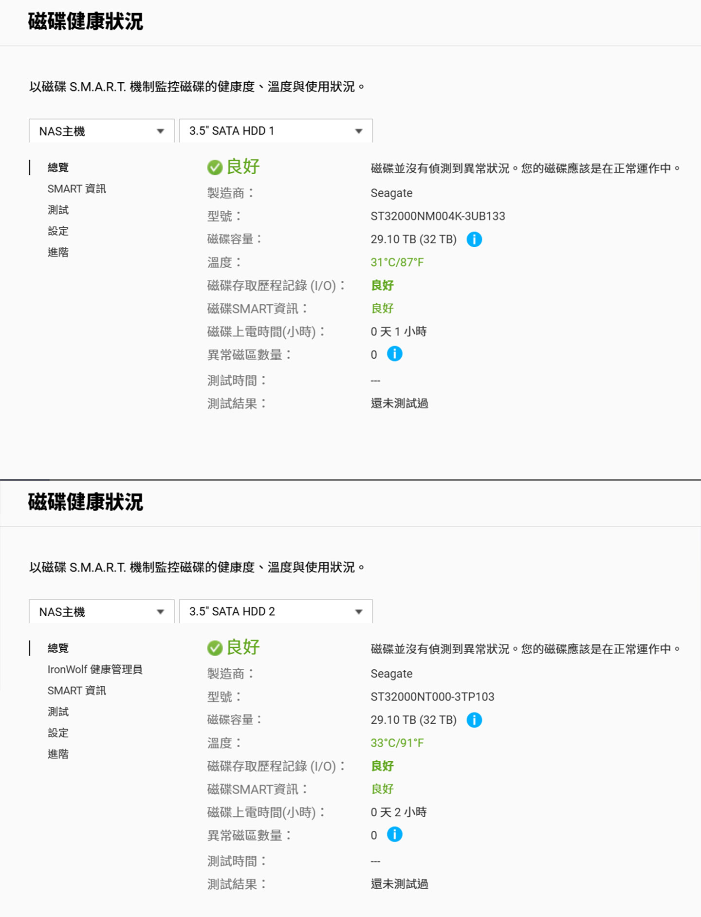 點入硬碟資訊也可以看到磁碟健康狀況，圖上為 EXOS，圖下為 IronWolf Pro，可以發現到下面的左欄提供了 IronWolf 健康管理員的選項，這也是這個系列的獨有功能哦！