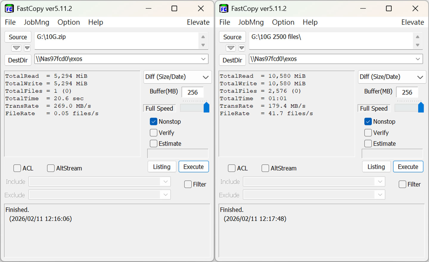 透過 FastCopy 進行檔案傳輸測試，將檔案複製路徑指向安裝 EXOS 32TB 版的 QNAP TVS-h874 資料夾 ，並以 10G 大小的單檔（圖左）與多檔（圖右）進行兩次實測，分別獲得平均 269 MB/s 與 179.4 MB/s 的傳輸速度成績。
