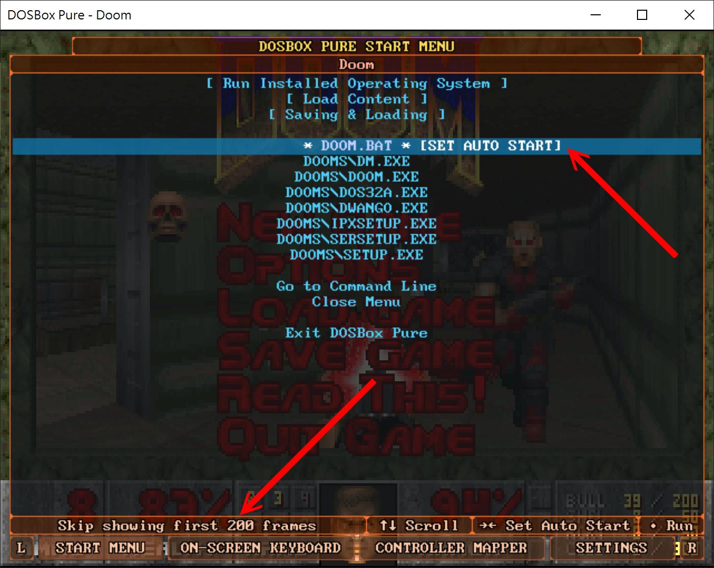 找到壓縮檔內對應的遊戲執行檔（本例為DOOM.BAT），不要急著按下確定，先透過左右鍵將檔案設定為自動執行，並調整跳過開機過程的畫格數（本例為200格），完成後就可以達成選擇.dosz檔案直接進入遊戲的便利。之後如需調整可以在進入遊戲後回到選單更改參數。