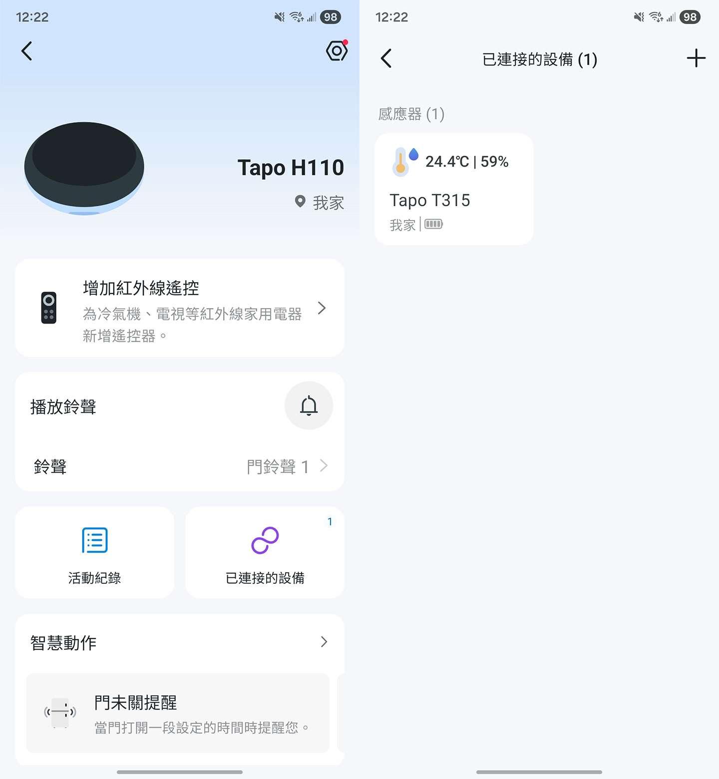 已安裝好的 Tapo H110 網關與 Tapo T315 溫溼度感應器都能在 Tapo App 中進行功能整合設定。 ▲ 在 Tapo App 中可以切換至「智慧」分頁，可以看到許多已經預先設置好條件的建議自動化模式，我們也能依照自己的需求來設定客製化自動化條件，像是前面提到透過溫濕度變化作為條件，若溫度超過一定標準即可觸發啟動連結 Tapo P110M 的風扇，為環境進行通風降溫。