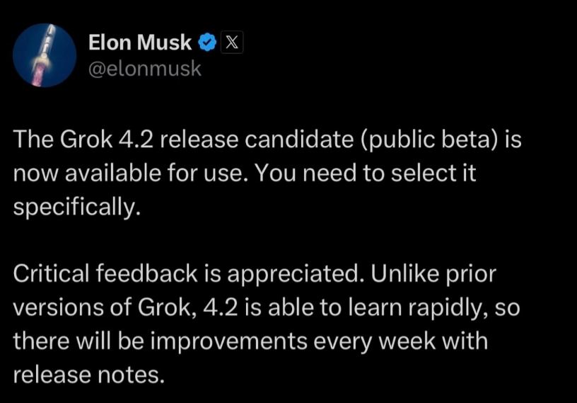 Grok 4.2 公開測試版正式上線，主打「每週進化」的快速學習能力