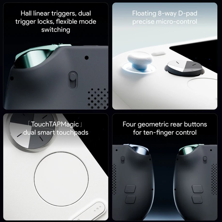 它採用標準Xinput遊戲控制器配置，LT、RT鍵可切換為無段式類比或按鍵模式，並搭載雙觸控板，機身背面也具有4組額外快捷鍵。