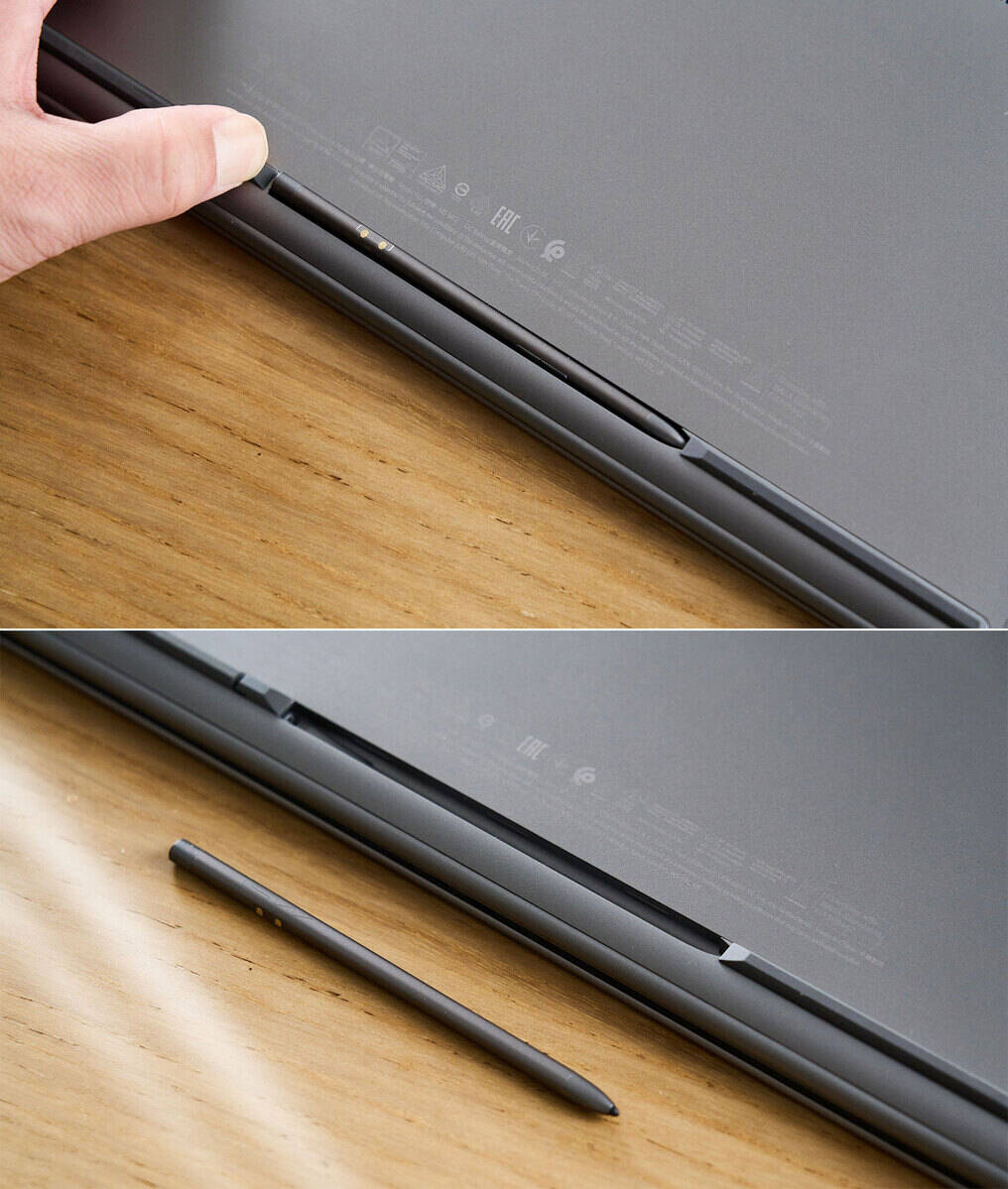 MSI Nano Pen 收納槽旁有一個卡榫，按下後可將觸控筆彈出取用。