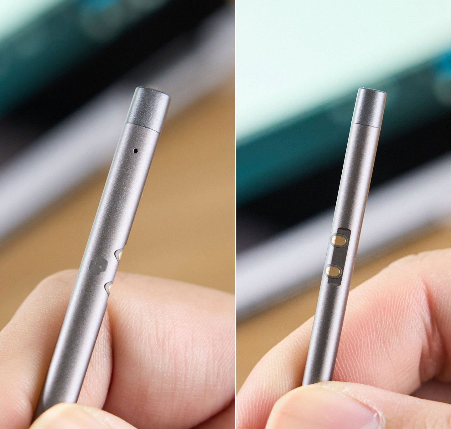 筆身上可看到 Copilot 標誌以及與收納槽連結充電的兩個金屬接點。