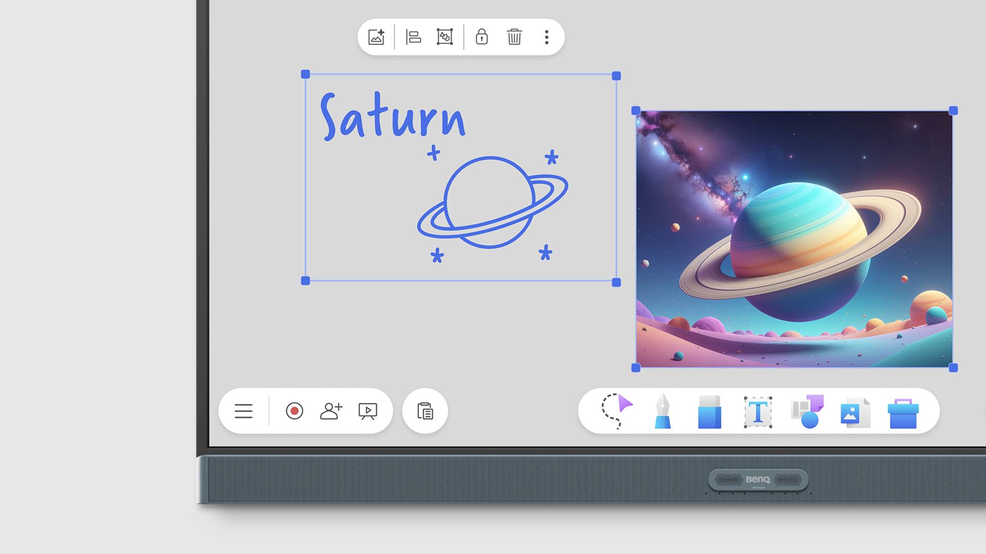 RP05 內建 AI 教學應用工具，透過圈選生成圖片功能，即可將課堂的筆記與插圖轉換為獨特風格的藝術作品。