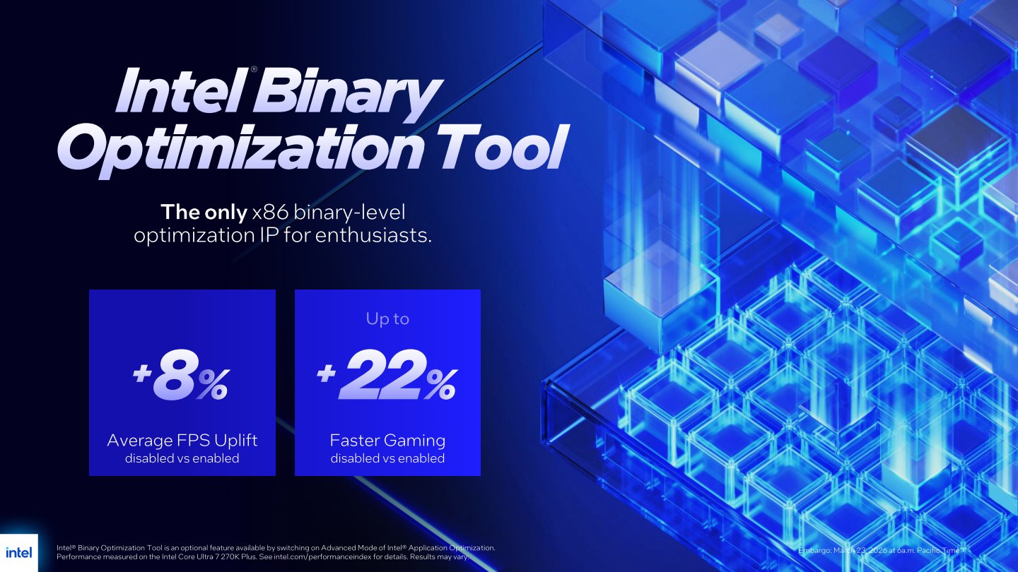 Intel表示Binary Optimization Tool最高可以帶來22%遊戲效能增益，平均改善幅度也達到8%。