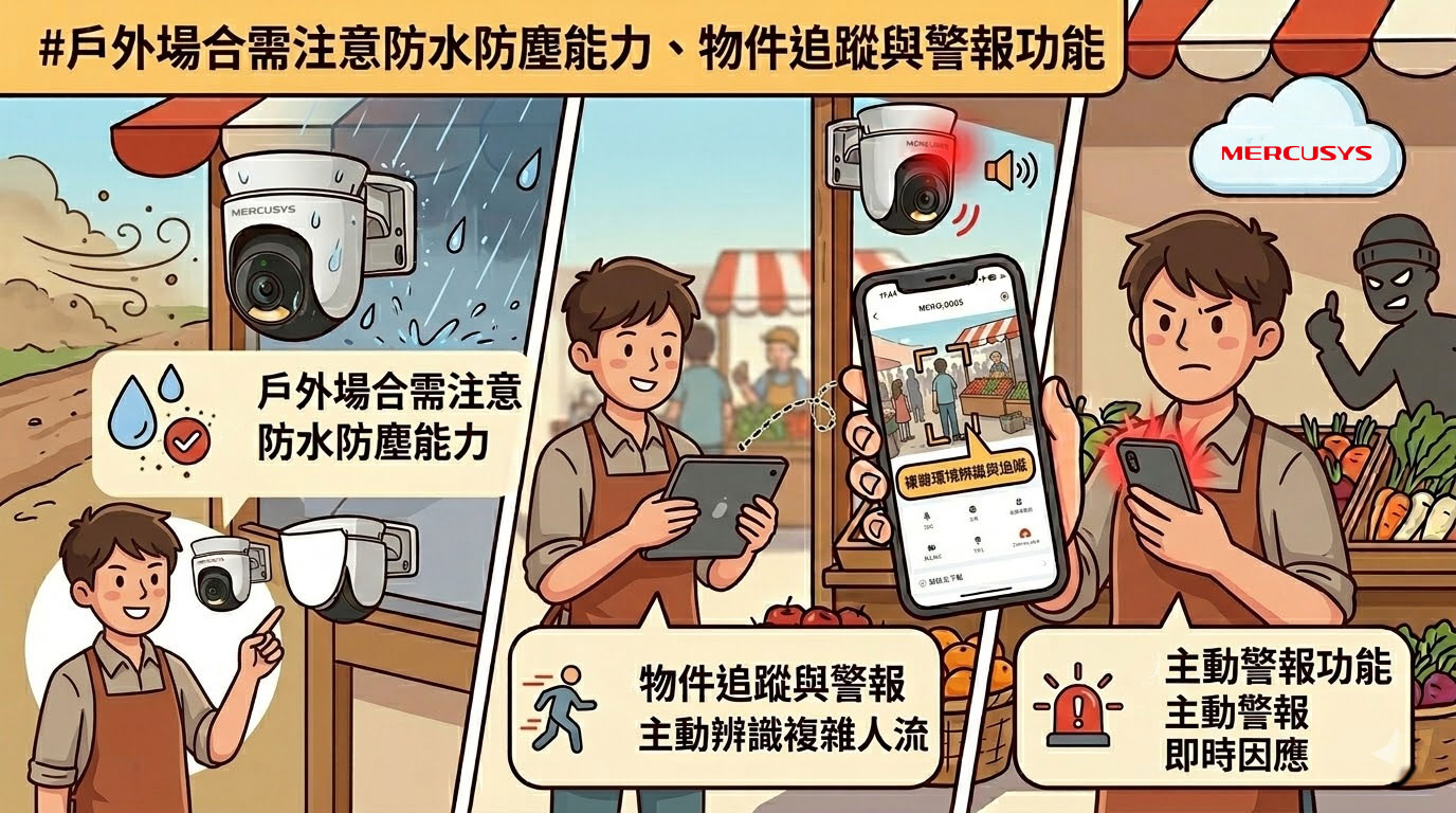 擺攤也要科技防護！MERCUSYS MC510 ⼾外、MC230 室內攝影機，成為市集老闆最放⼼的安全守⾨員！