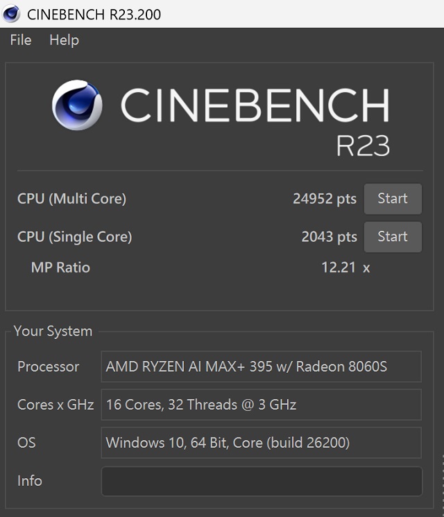 於 CINEBENCH R23 測試中，CPU 多核心為 24,952 pts，單核心為 2,043pts，多、單核心的效能差距倍數為 12.21x。
