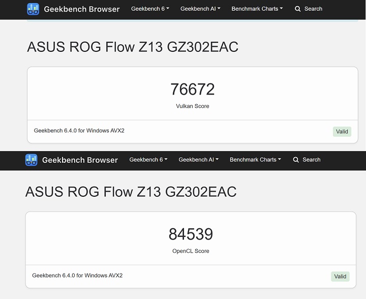 在 Geekbench 6 下進行GPU 測試，於 Vulkan 測試獲得的分數為 76,672 分；在 OpenCL 測試獲得的分數為 84,539 分。