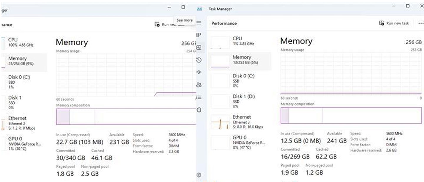 使用他牌主板滿插四條 DDR5 共 256GB 記憶體時，系統偵測運行時脈在 3600MHz（圖左）；若是相同配置更換為 MEG X870E ACE MAX 之後，預設即可以 5600MHz 模式運行（圖右）。