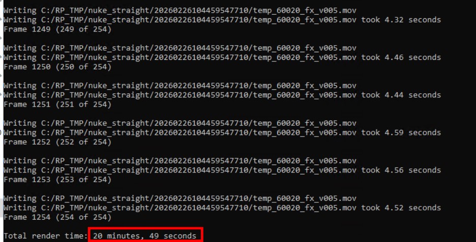 透過 Nuke 進行 4K 影集合成，使用 MEG X870E ACE MAX 讓記憶體運行 5600MHz 的情況下，同一專案花費的時間僅 20 分 49 秒，速度提升達 70% 以上。