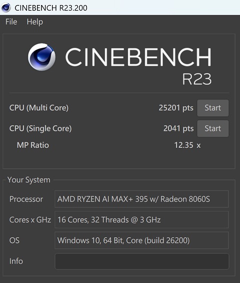 於 CINEBENCH R23 測試中，CPU 多核心為 25,201 pts，單核心為 2,041pts，多、單核心的效能差距倍數為 12.35x。