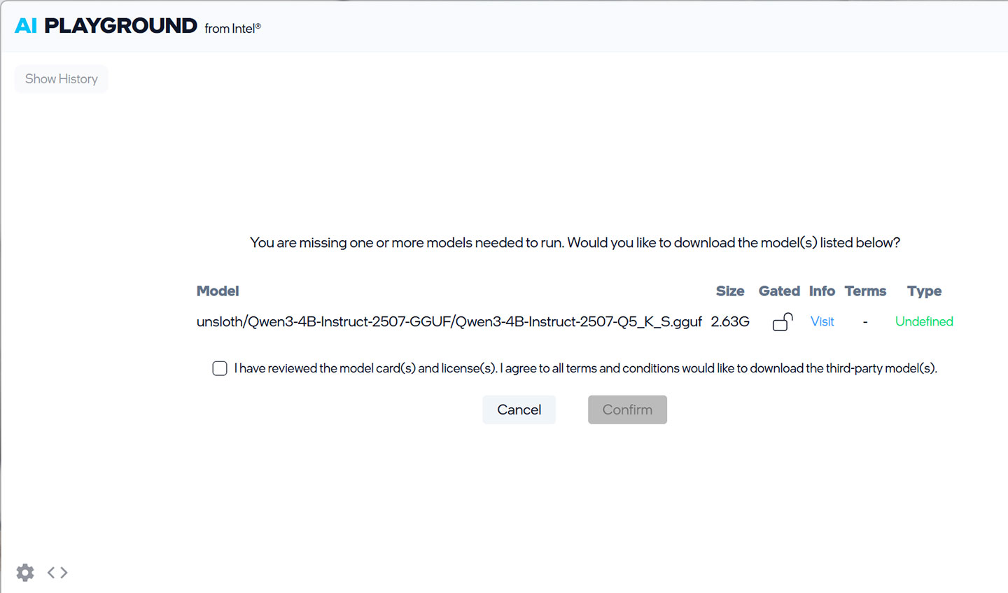 以文字生成為例，在使用前系統也會指引我們下載必要的大語言模型，預設提供的是千問 3-4B 大小的模型。