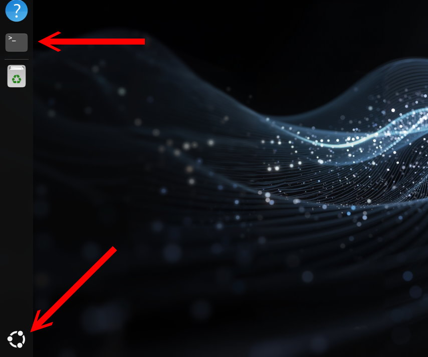 首先我們在DGX作業系統桌面左邊的DASH工作列找到終端機，或從點擊下程式庫圖示尋找終端機。