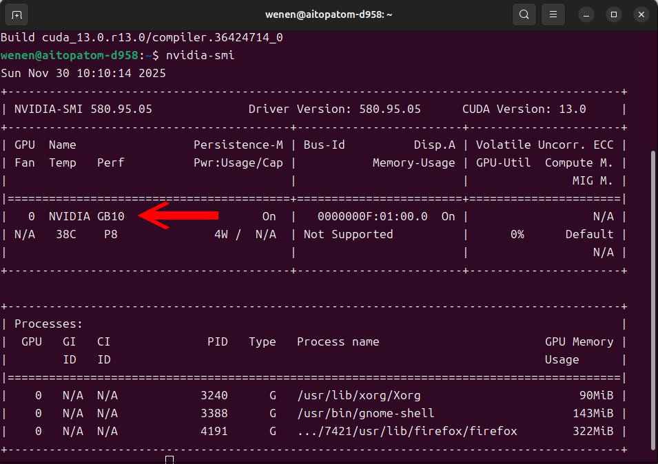 接著透過下列指令確定系統有偵測到繪圖處理器（GPU）。圖中有正確顯示NVIDIA GB10。