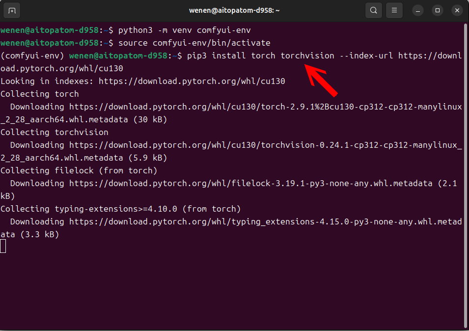 輸入下列指令在虛擬環境中安裝支援Blackwell架構GPU與CUDA 12.9的PyTorch函數庫。