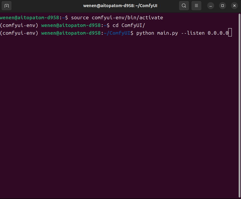 在完成安裝手續後，往後只要在家目錄的位置輸入下列指令，就能開啟Comfy UI主程式，並讓區域網路中的其他電腦可以透過瀏覽器進行操作。