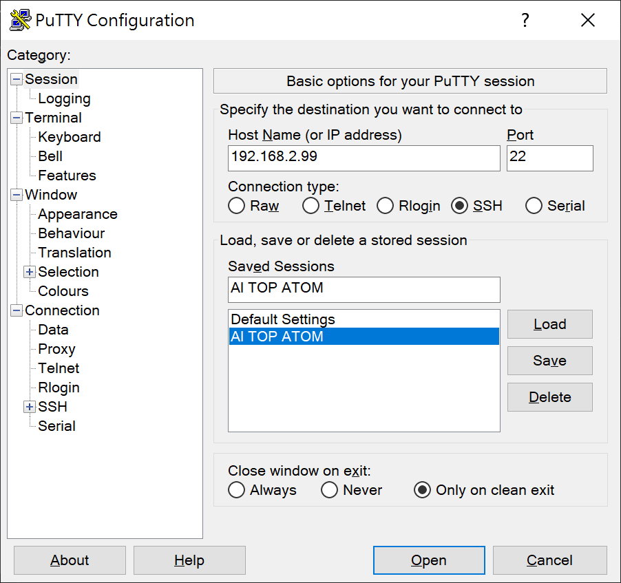 接下來在Putty程式的Home Name輸入剛剛記下的主機名稱，或是輸入AI TOP ATOM的IP位置，並點擊Open開啟SSH連線。