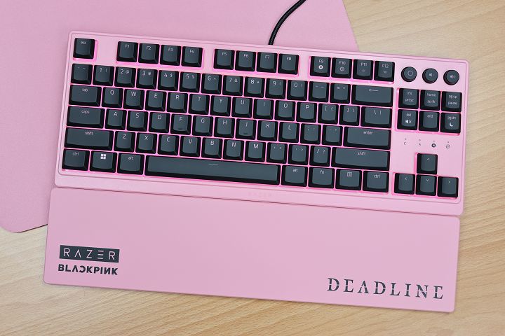 Razer Ornata V3 Tenkeyless 採用 80% 無數字鍵區，主體為粉色設計，按鍵則採用黑色鍵帽。