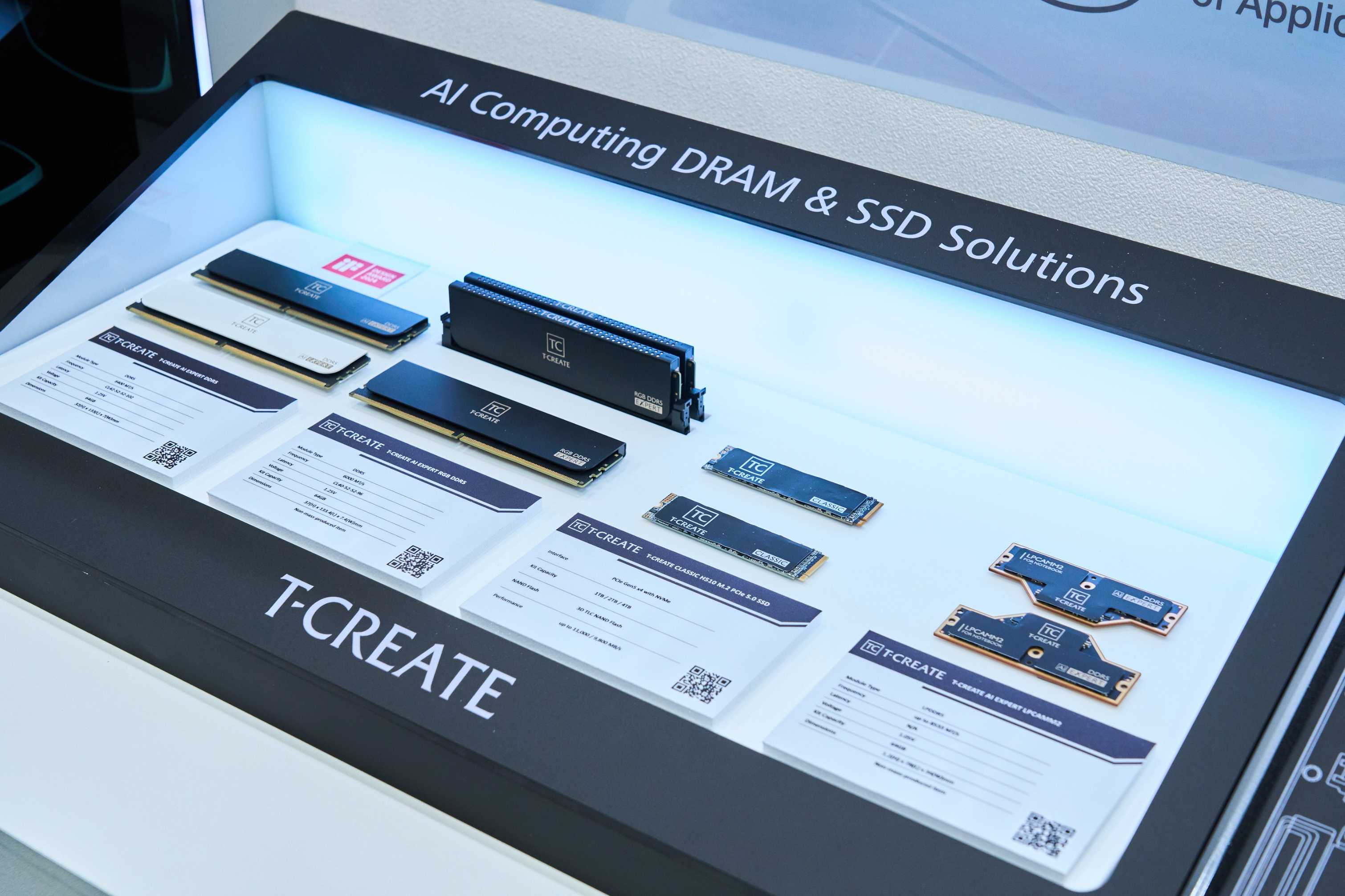 T-CREATE「AI Computing DRAM & SSD Solutions」全系列展示，一覽涵蓋 EXPERT DDR5、RGB DDR5、CLASSIC PCIe 5.0 SSD 及 LPCAMM2 模組，展現十銓為 AI 運算場景打造的完整記憶體與儲存生態。