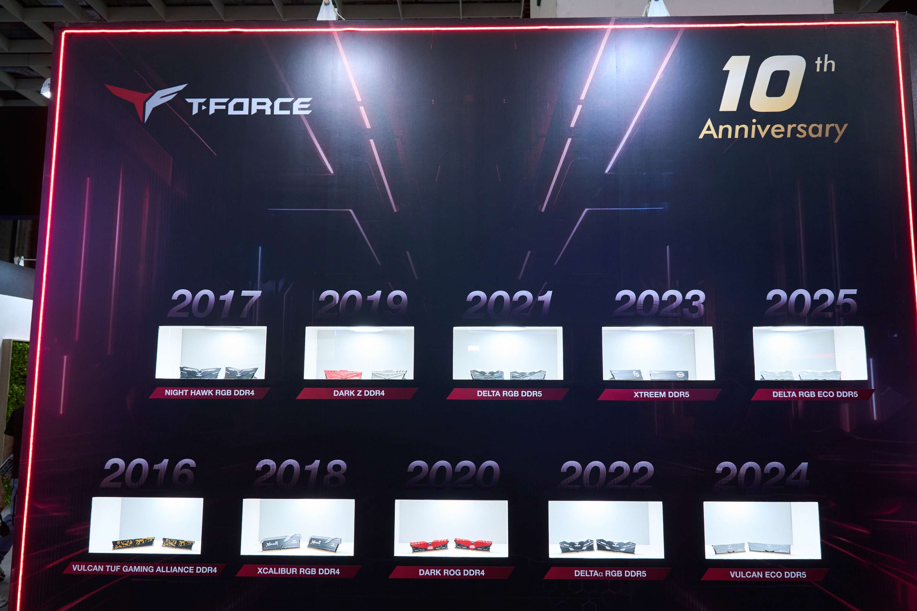 T-FORCE 十週年歷史牆，從 2016 年 VULCAN TUF Gaming Alliance DDR4 出發，歷經 XCALIBUR、DARK ROG、DELTA RGB DDR5 等世代，見證電競記憶體從 DDR4 跨越至 DDR5 的技術蛻變。
