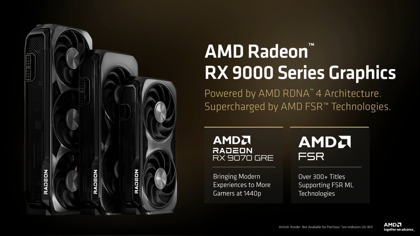 Radeon RX 9070 GRE顯示卡採用RDNA 4顯示架構，並支援FSR 4升頻技術。