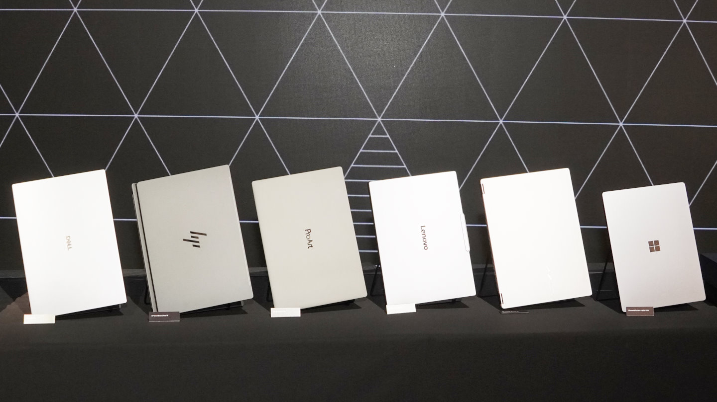 由左至右為Dell、HP、Asus、Lenovo、MSI、Microsoft推出的RTX Spark筆記型電腦。