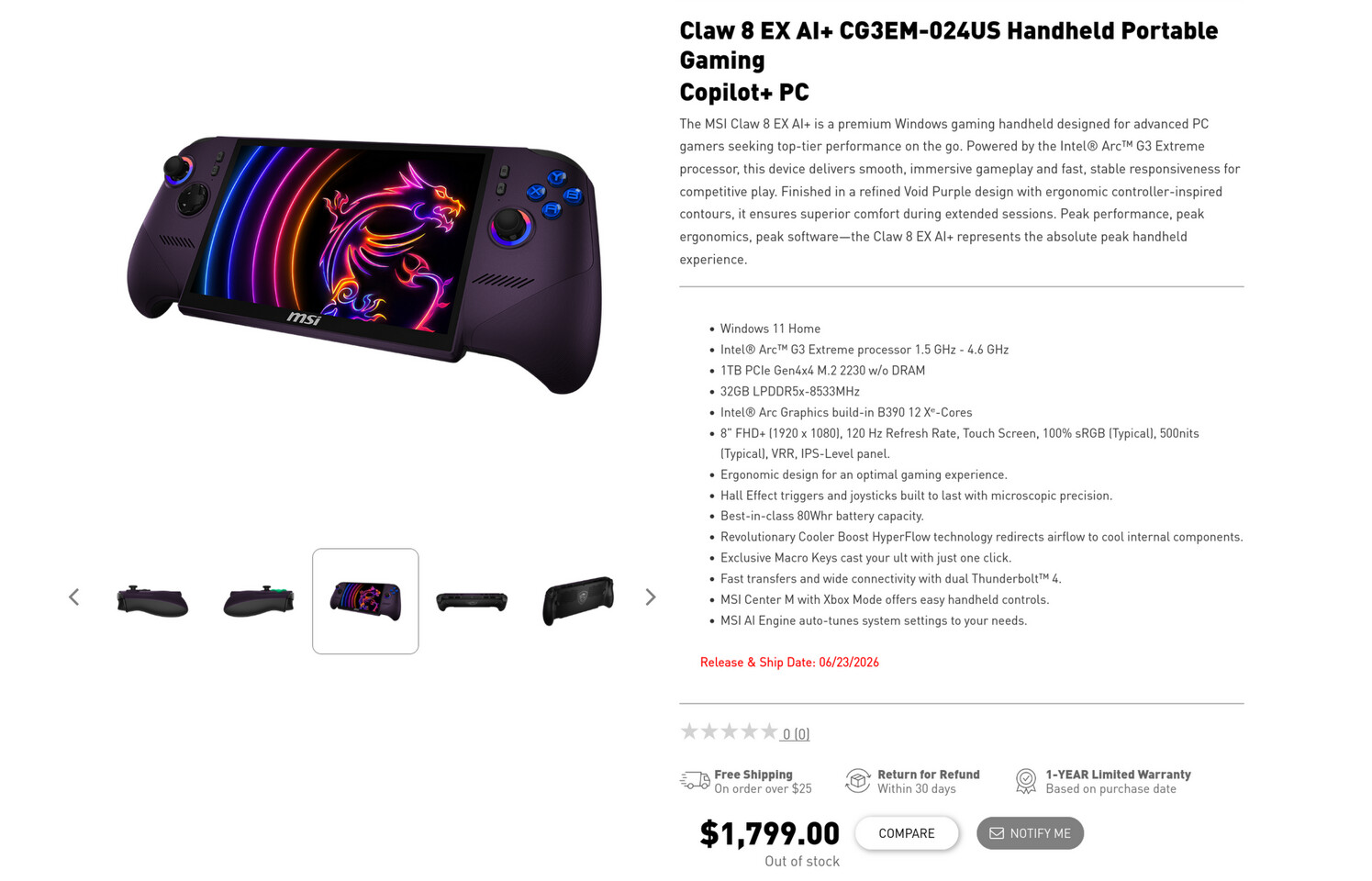 挑戰掌機天花板！MSI Claw 8 EX AI+ 價格官網疑洩密：搭載 Intel 最強內顯、售價台幣近 6 萬