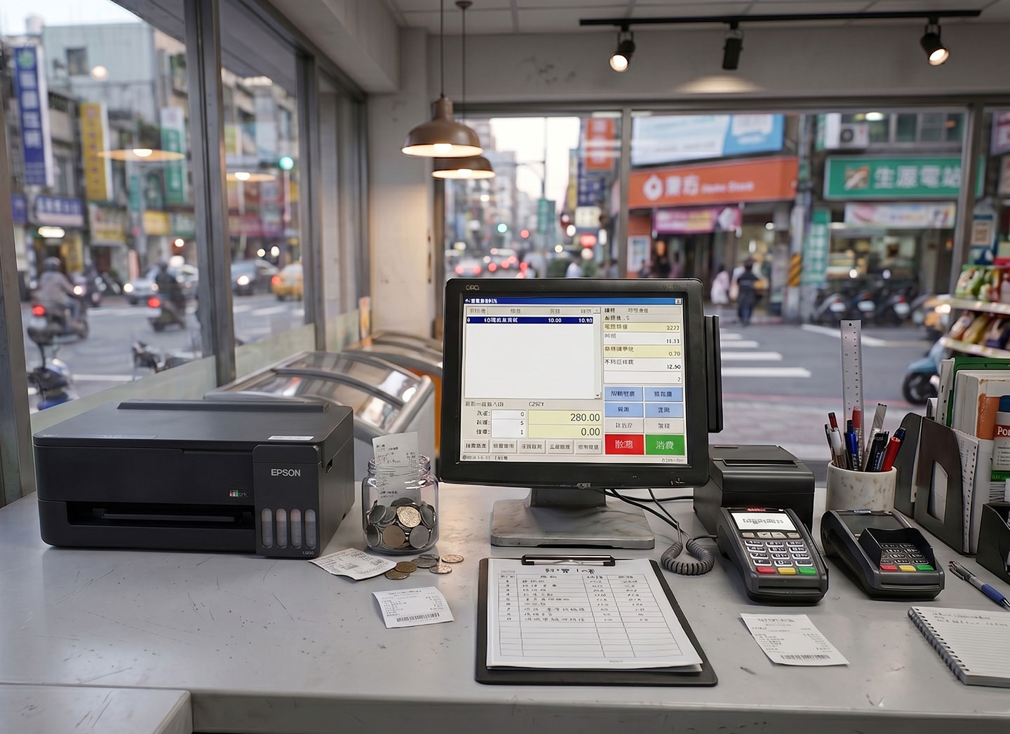 Epson L3310 低調內斂的黑色機身，很適合部署在絕大多數的零售空間中。