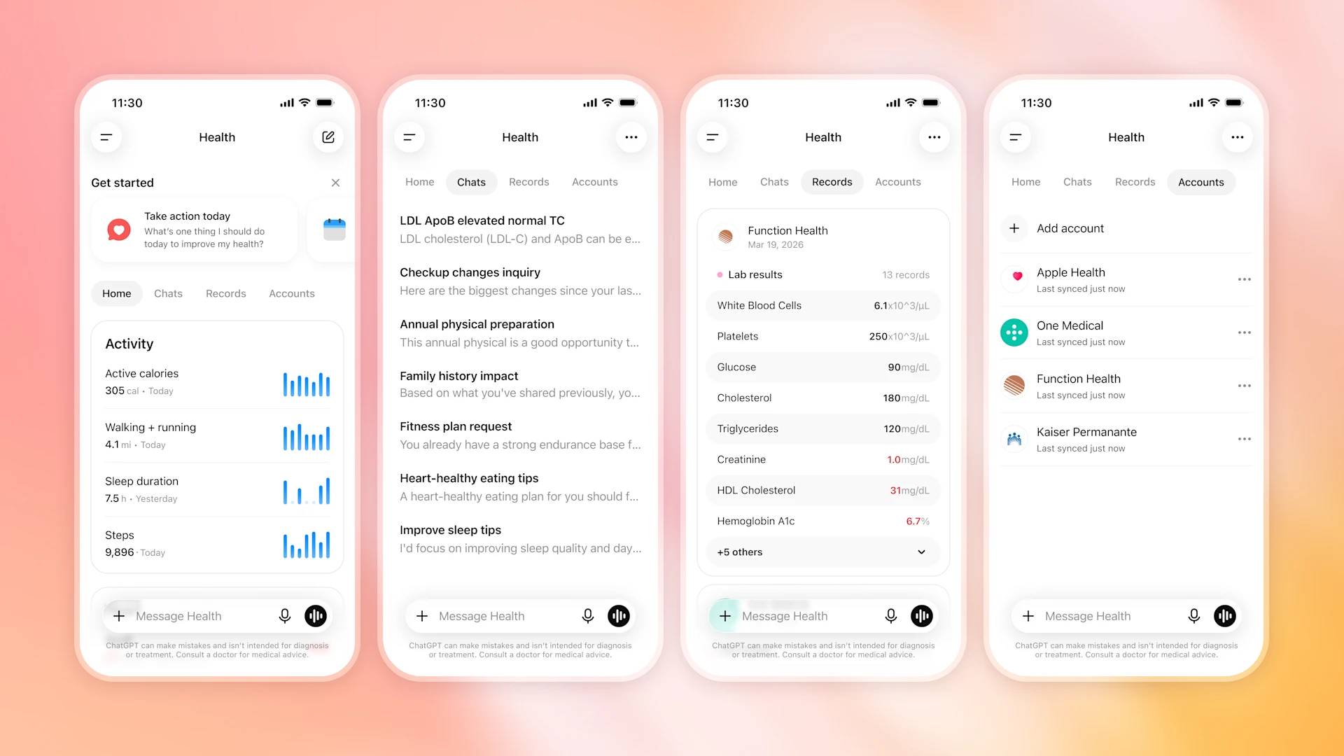 Health in ChatGPT 現可串聯 Apple Health 與個人醫療紀錄，協助隨時追蹤健康數據、美國率先推出