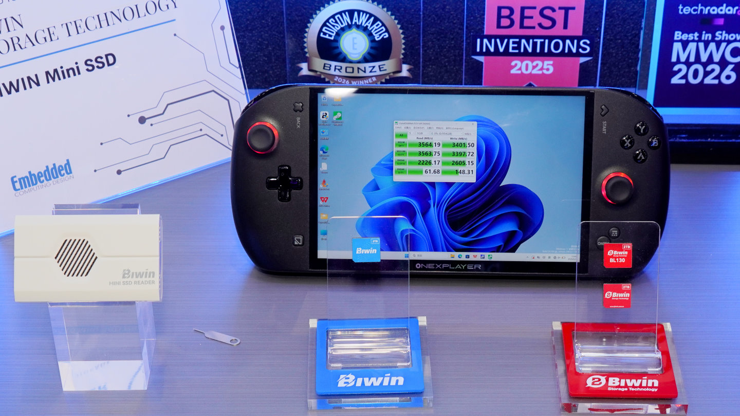 Biwin展示BL130、CL100 Mini SSD固態硬碟，在掌上型電腦的效能實測跑出3564.19 MB/s、3401.5 MB/s的連續讀、寫效能。