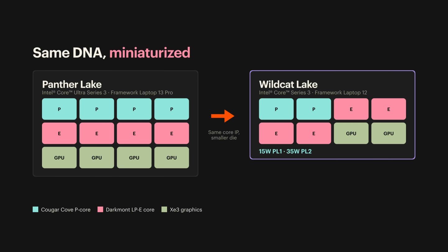 Wildcat Lake處理器採用與Panther Lake處理器相同的P-Core、E-Core與Xe3顯示核心，在數量上略有縮減，同時也降低耗電量。