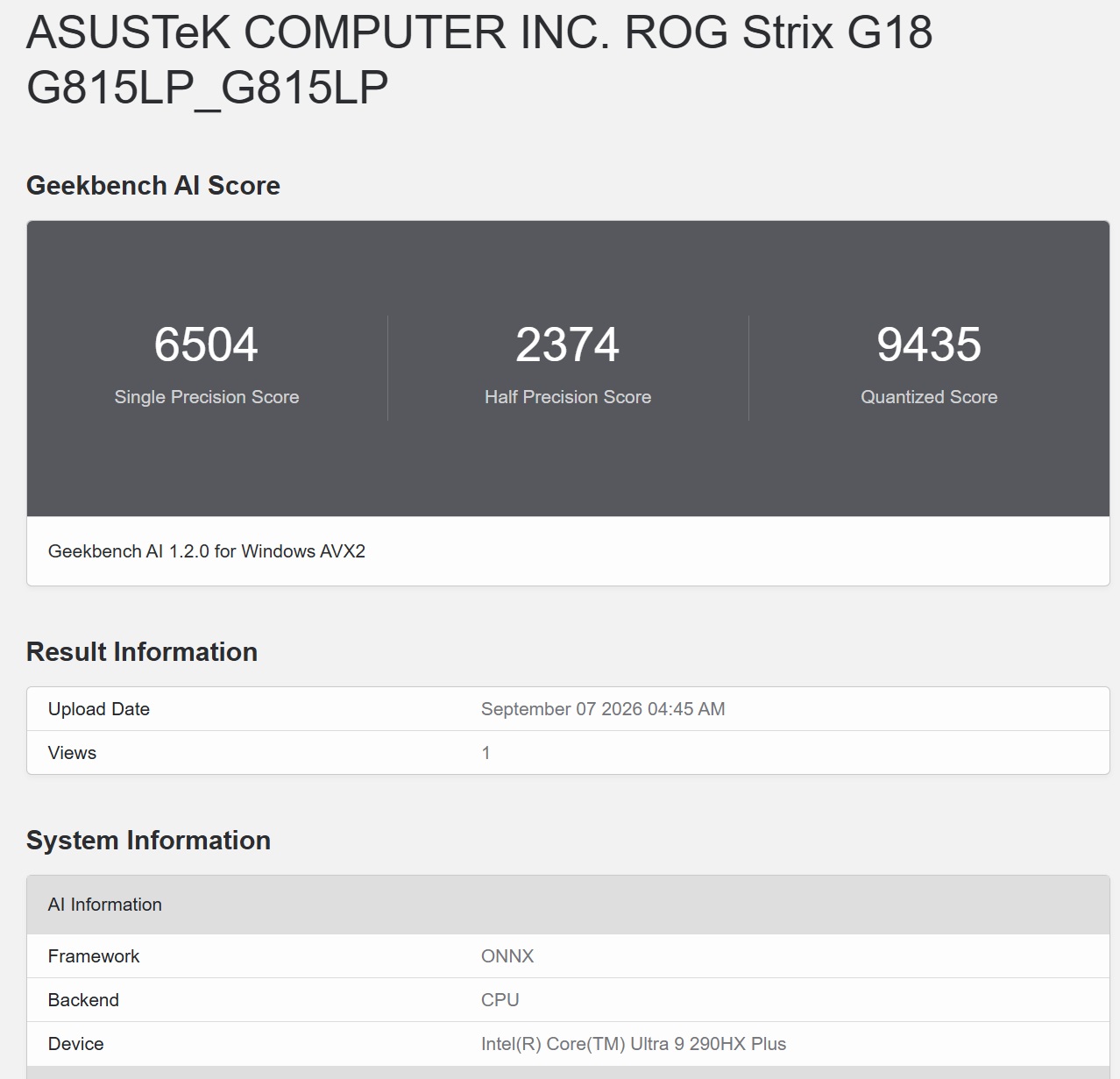 在 Geekbench 6 下進行 AI 測試，選定 ONNX 模式下，以 CPU 進行測試，於 Single Precision、Half Precision 與 Quantized 項目分別獲得 6504、2374 與 9435 分，處理器以整數（量化）運算表現最佳，單精度次之，半精度（FP16）因缺乏 CPU 硬體加速而效能最低。 ▲ 在 Geekbench 6 下進行 AI 測試，選定 OpenVINO 模式下，以 CPU 進行測試，於 Single Precision、Half Precision 與 Quantized 項目分別獲得 7882、6317 與 14441 分，量化（INT8）得分翻倍飆破 14000，展現 CPU 對輕量化模型的強大吞吐；半精度在 OpenVINO 優化下不再疲軟，整體表現明顯優於 ONNX 架構。