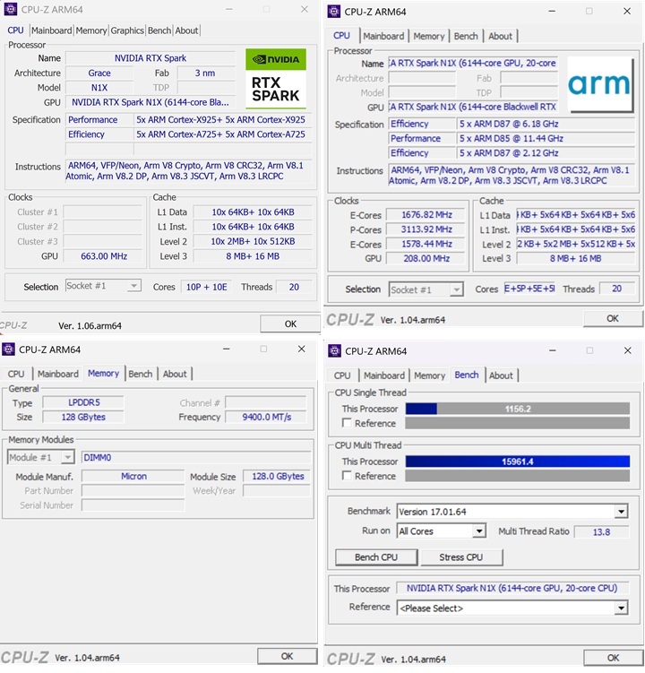 利用 CPU-Z 來檢視 Asus ProArt P16（H7607）的核心規格，NVIDIA RTX Spark N1X 處理器為 Arm 架構，採用 3 奈米製程，配備 6,144個 CUDA 核心，Grace CPU最高提供 20 核心（10x Cortex-X925 + 10x Cortex-A725），還有 128GB LPDDR 5 統一記憶體。